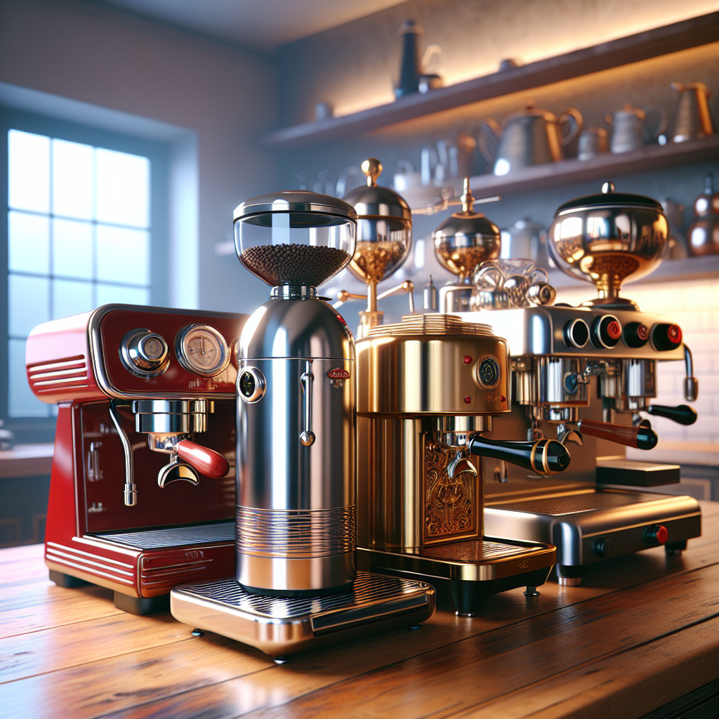 A display of various espresso machines on a wooden countertop in a warm kitchen setting.