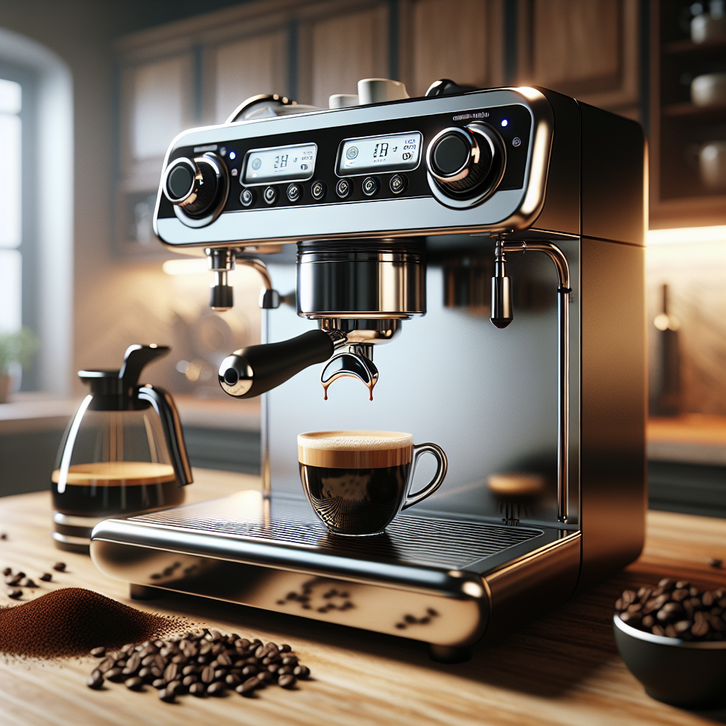 A modern espresso machine on a kitchen countertop with coffee beans and a cup of espresso.