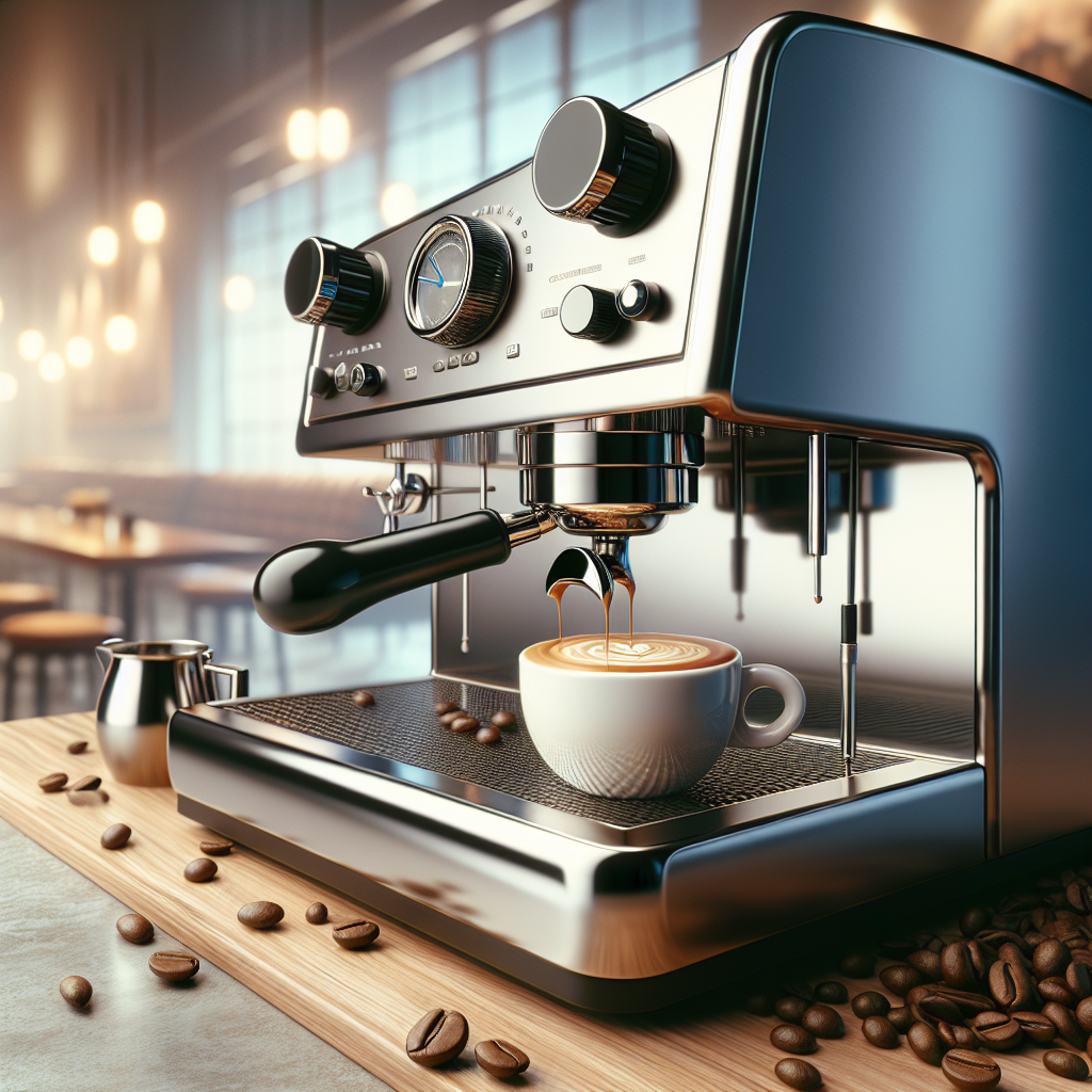 A realistic espresso machine on a modern countertop with coffee beans and a cup of espresso.