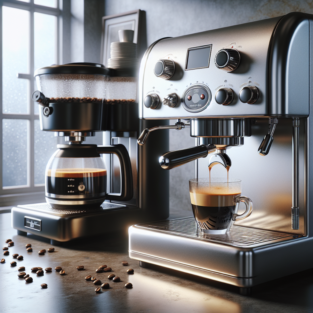 An espresso machine and a coffee maker on a kitchen countertop with coffee beans around.