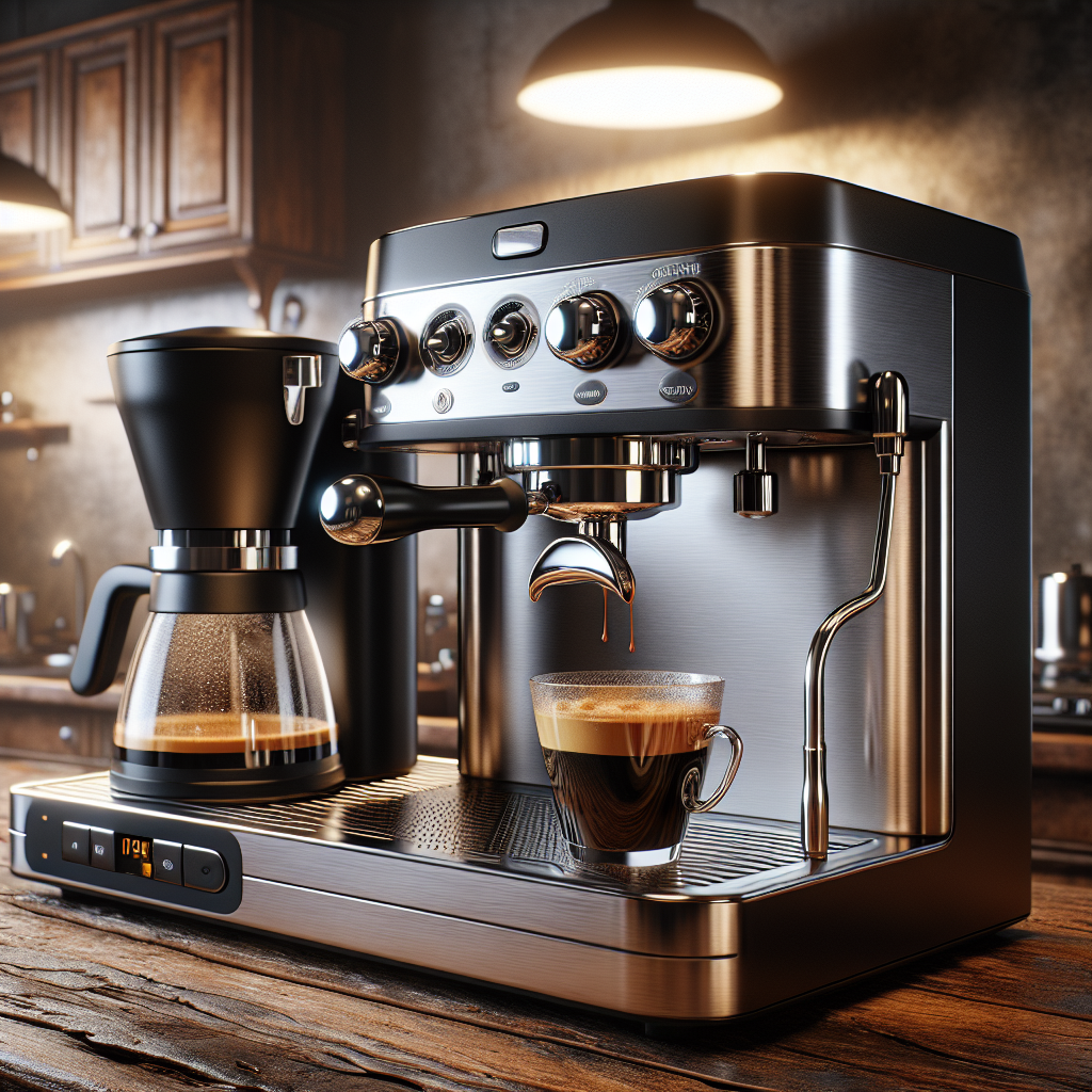 An espresso machine and coffee maker side by side on a kitchen counter.