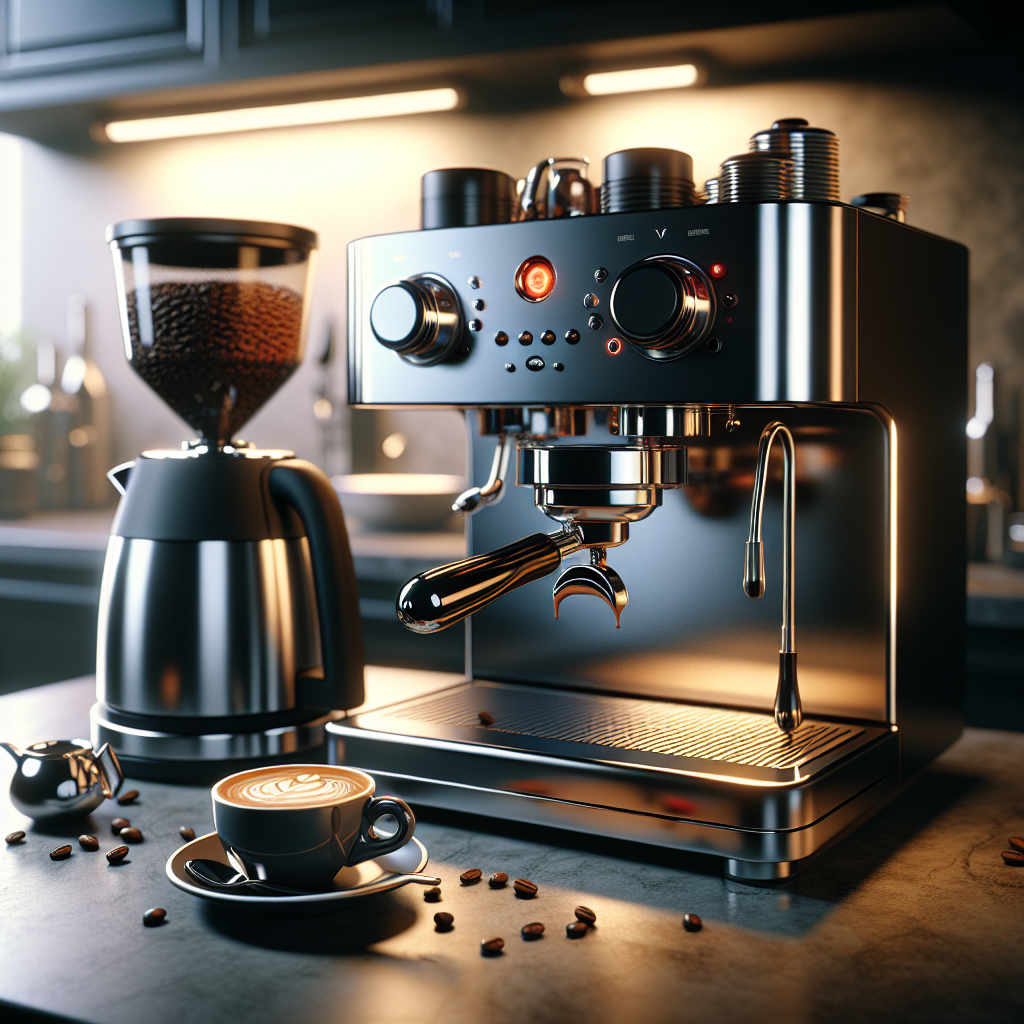 An espresso machine and coffee maker on a kitchen countertop with coffee beans and a cup of espresso.