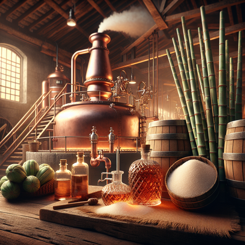 A rustic distillery scene illustrating the rum preparation process with a copper pot still, sugarcane, and fermentation jars.