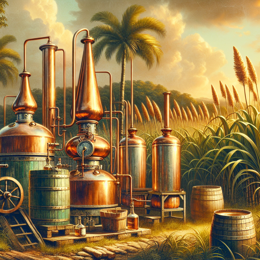 A rustic distillation setup for rum preparation with copper pot stills and sugarcane fields.