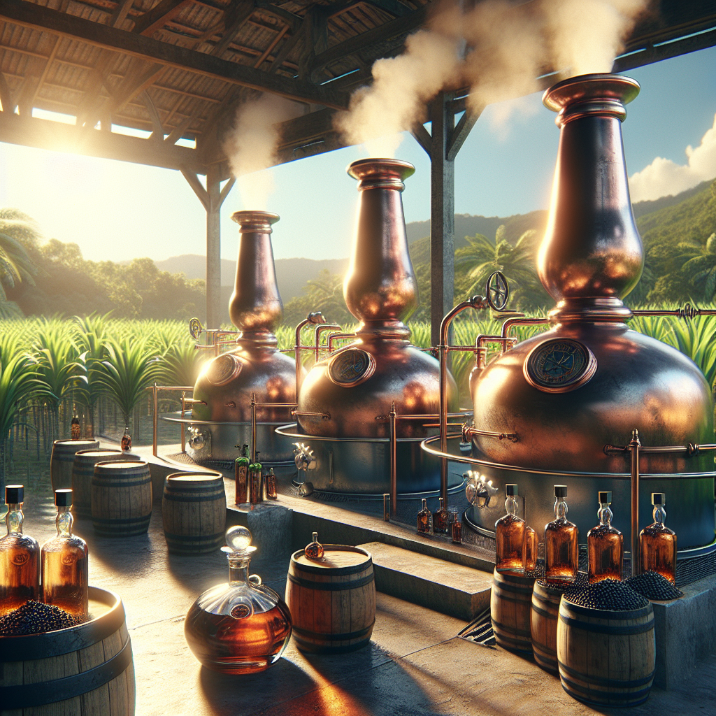 A rustic distillery scene showing copper pot stills, barrels of rum, and sugarcane under a blue sky.