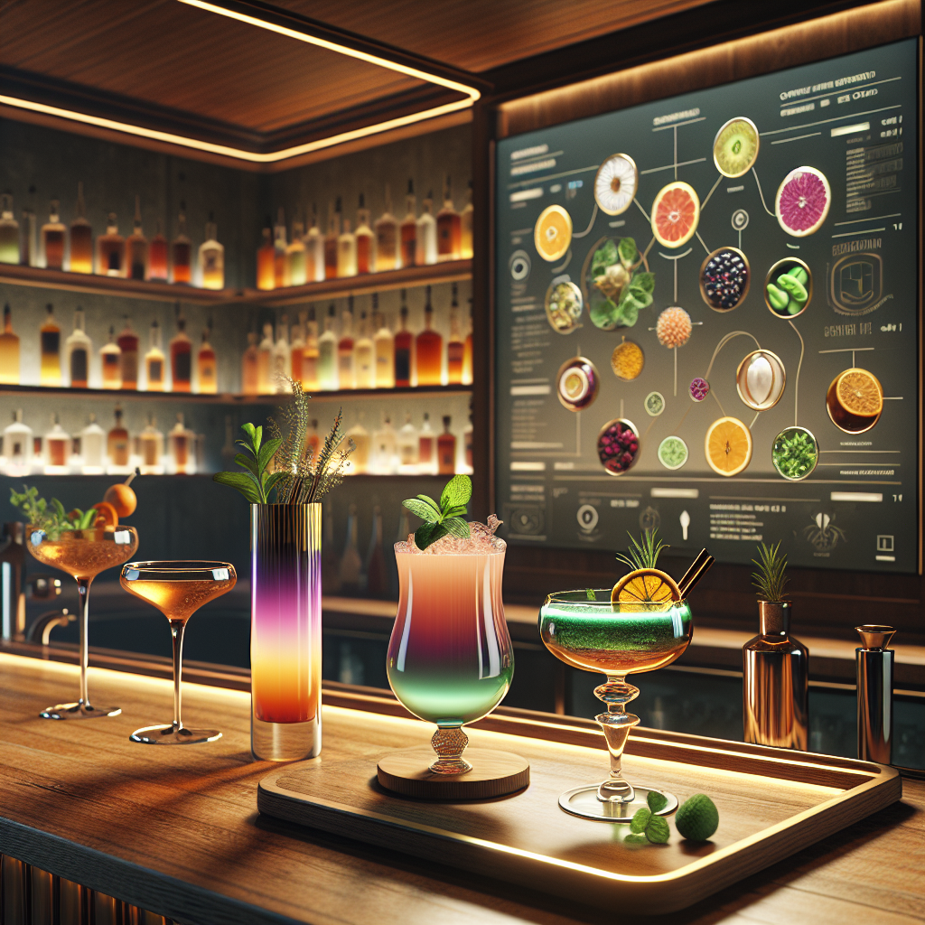 An elegant cocktail bar scene with a variety of colorful craft cocktails in stylish glassware.