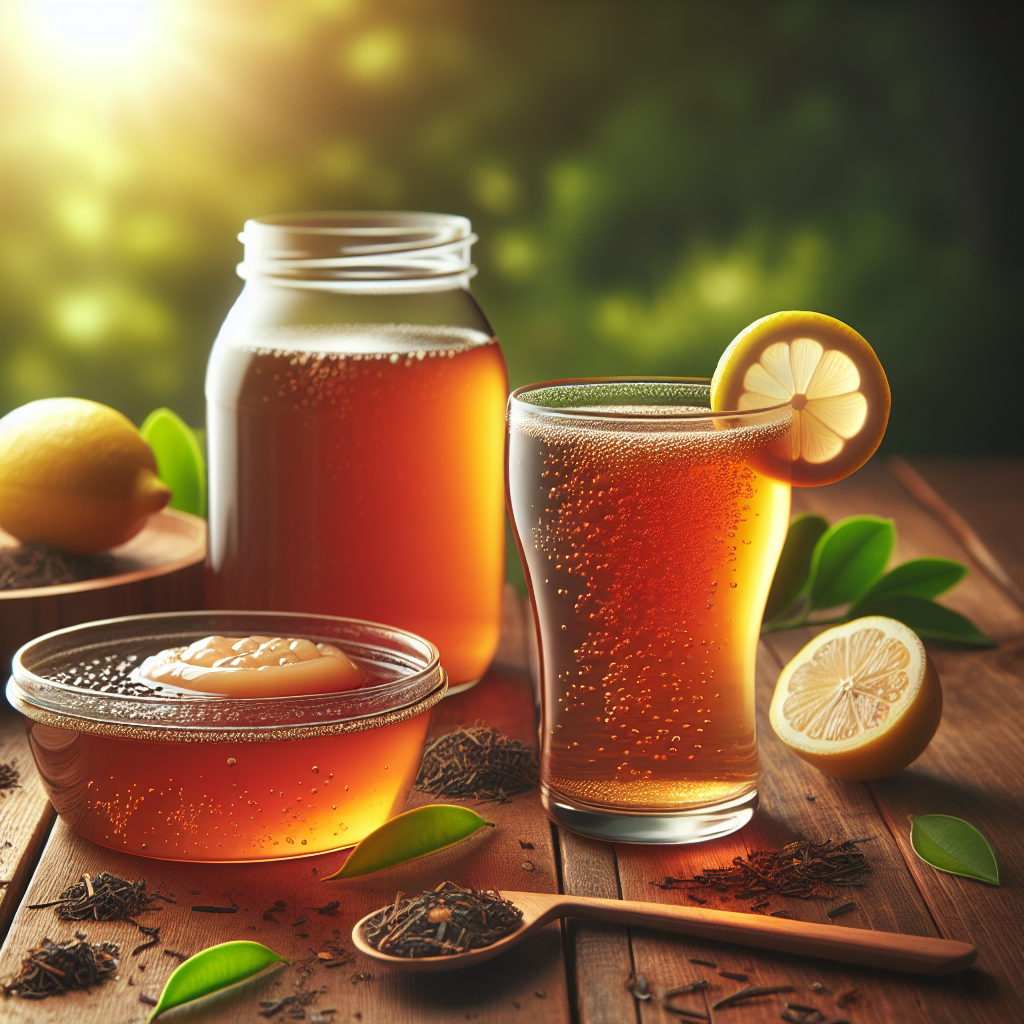 A glass of kombucha with a lemon slice on a wooden table, surrounded by tea leaves and a SCOBY.