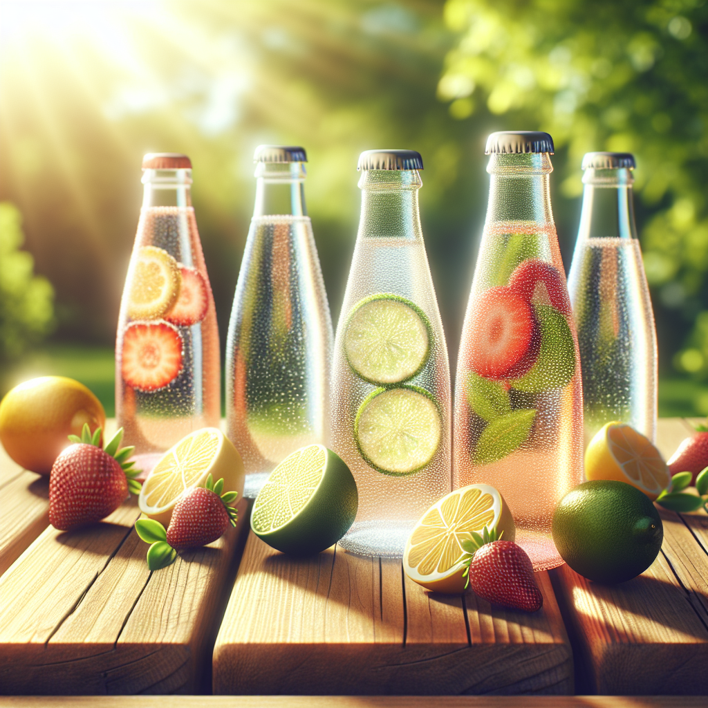Various sparkling water bottles on a picnic table surrounded by fresh fruit slices.