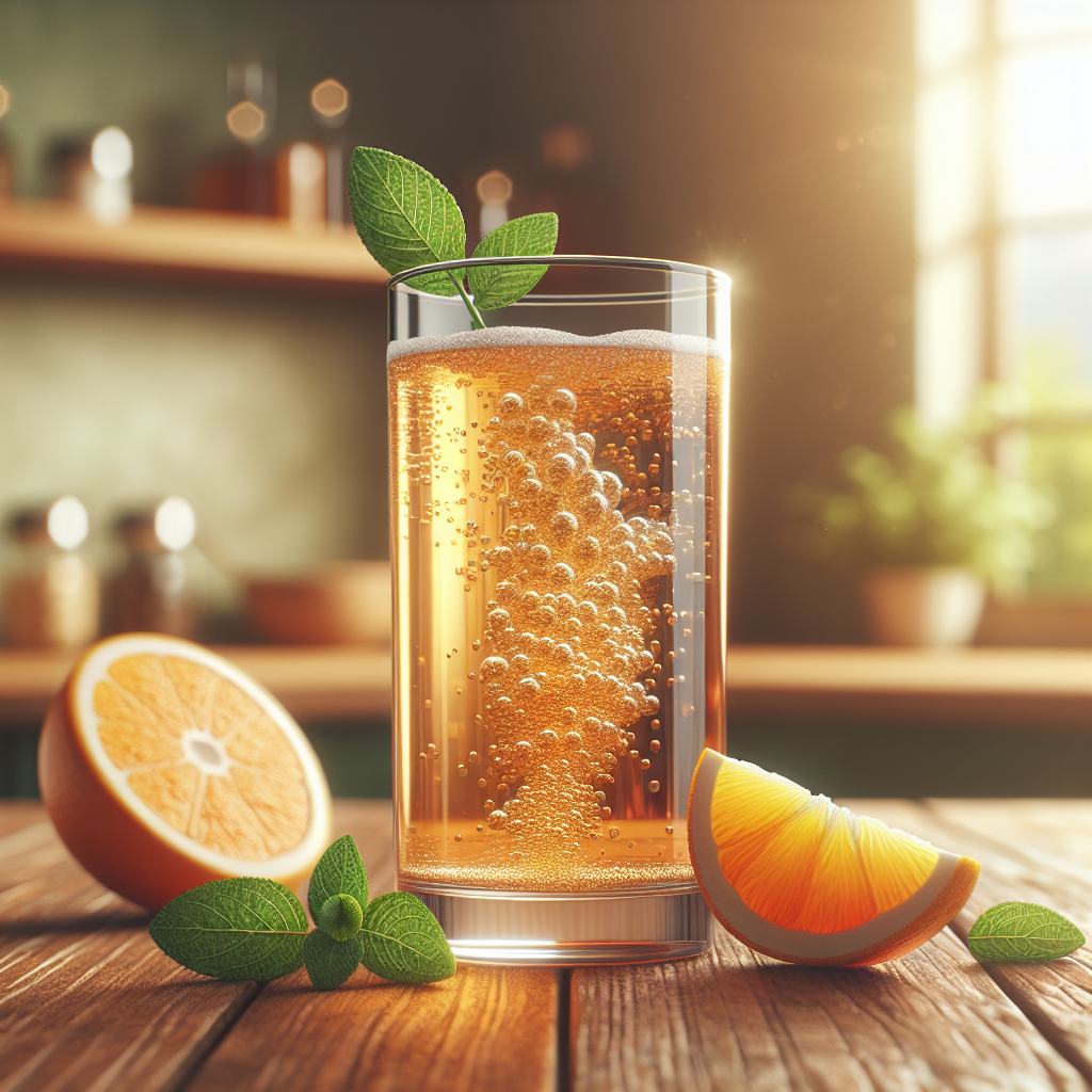 A glass of kombucha tea with bubbles on a wooden table, surrounded by orange slices and mint.