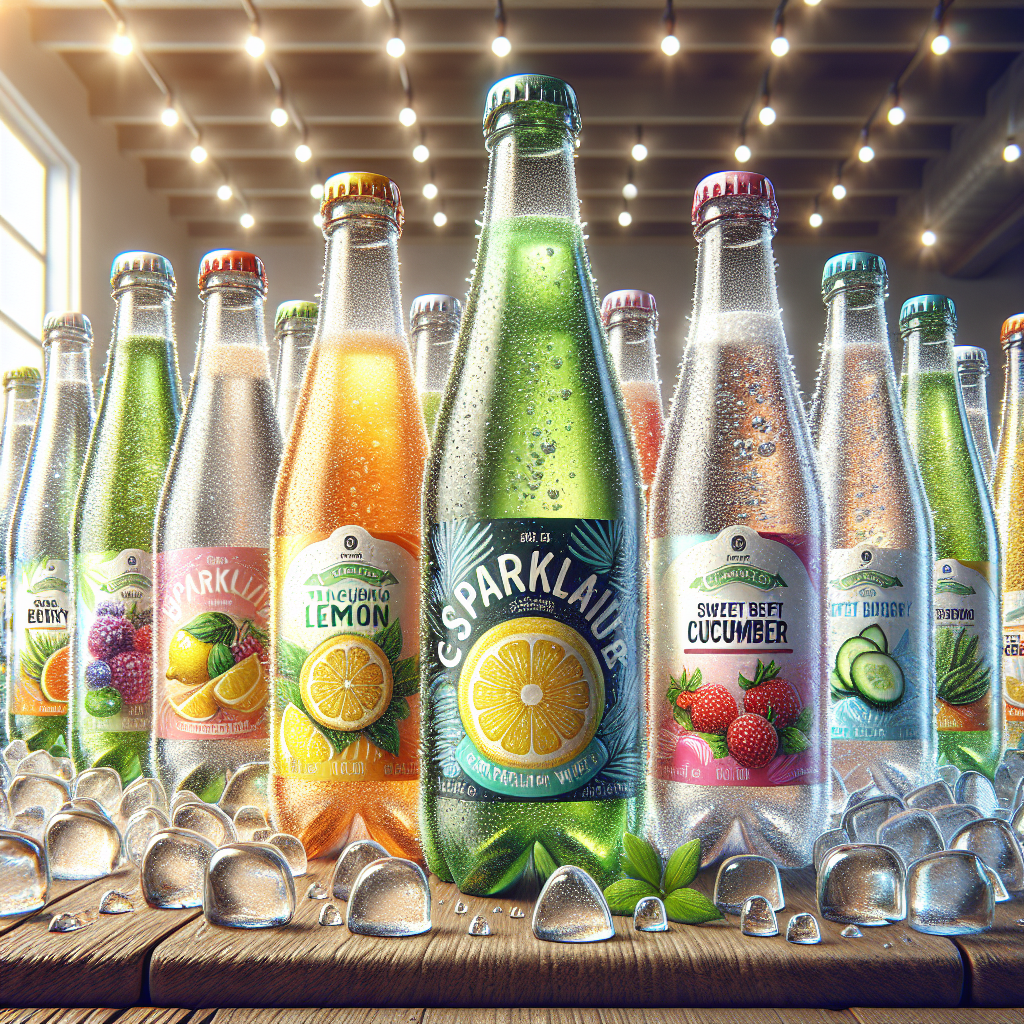A variety of sparkling water bottles on a wooden table in a bright kitchen setting.