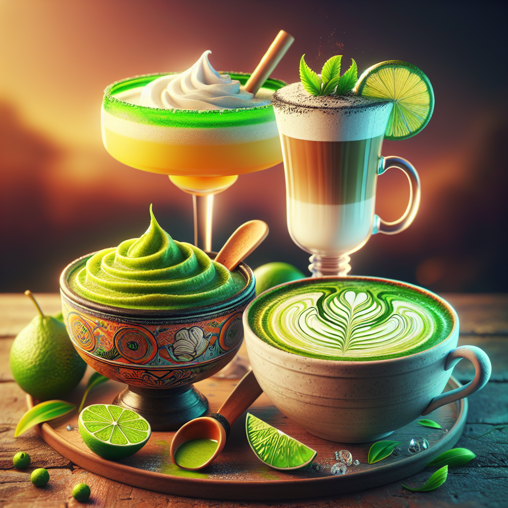 A collection of a margarita, matcha tea, and cappuccino against a blurred background.