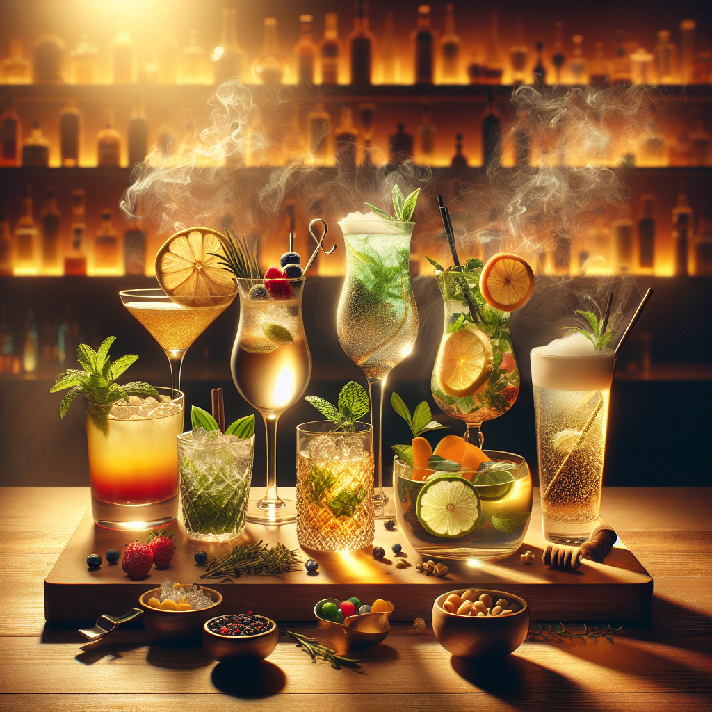 An array of craft cocktails and non-alcoholic drinks on a bar top, showcasing vibrant colors and fresh ingredients.