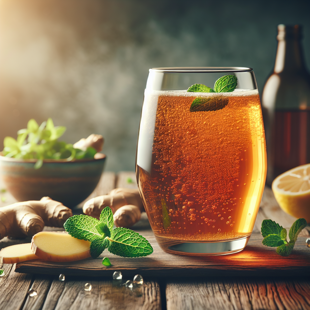 A glass of kombucha surrounded by fresh ingredients like ginger, lemon, and mint on a wooden table.
