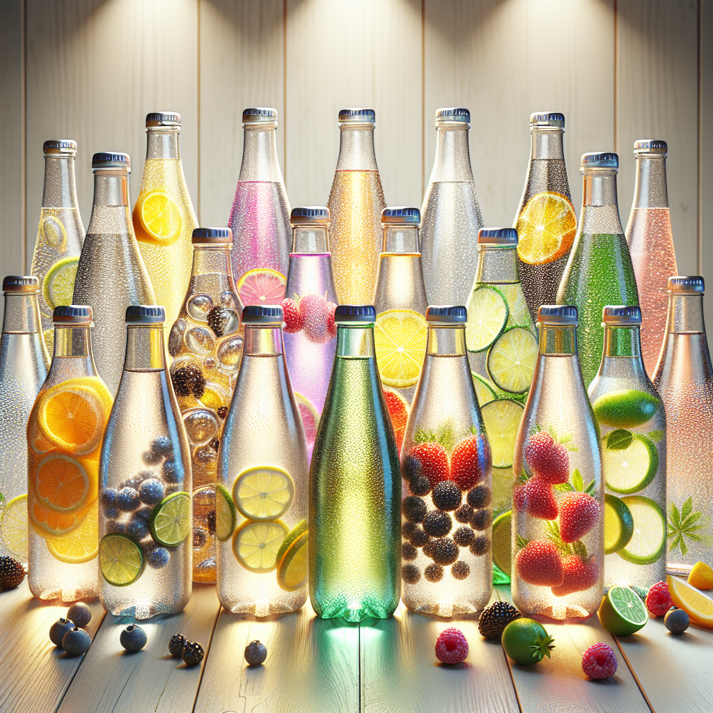 An assortment of sparkling water bottles with different flavors on a light wooden background.