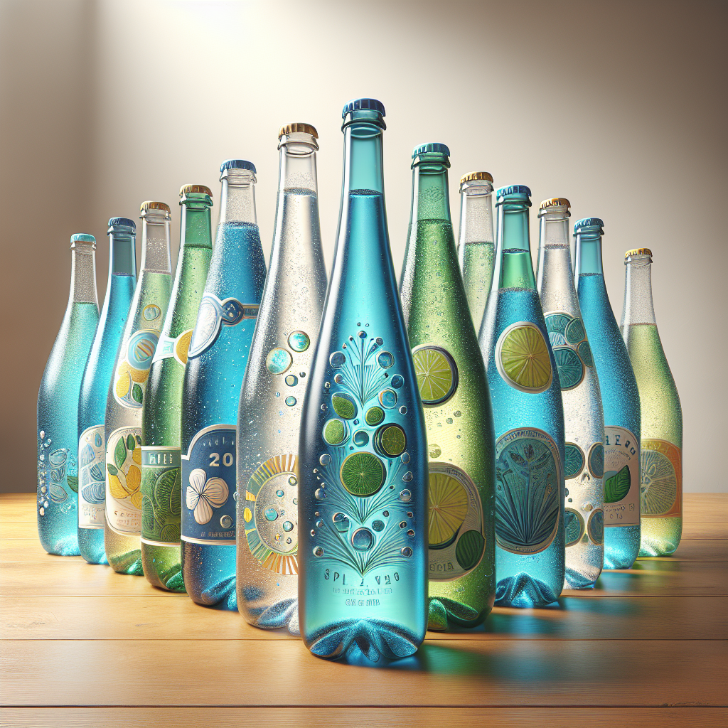 A variety of sparkling water bottles in different shapes and colors on a wooden table.