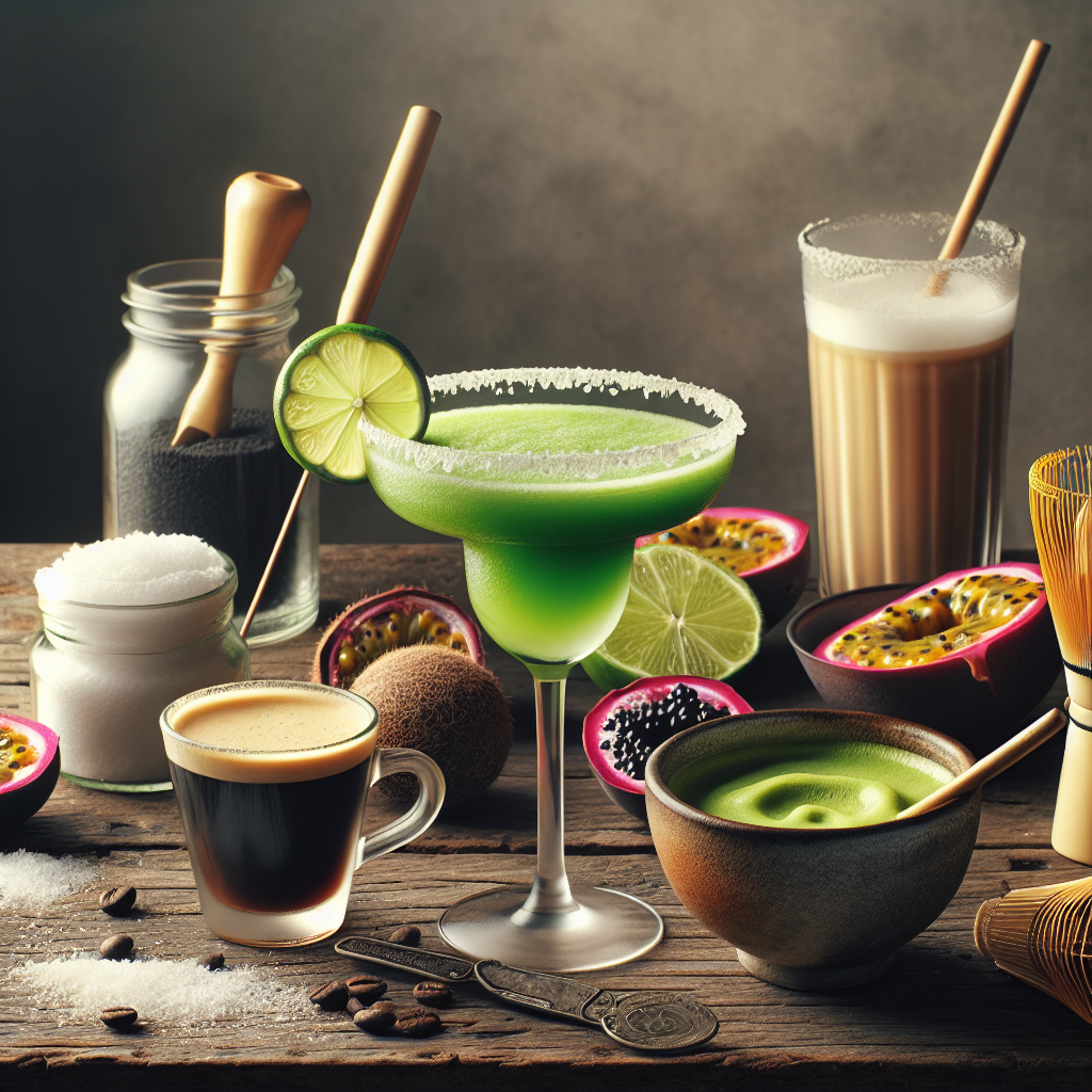 An assortment of beverages including a margarita, matcha tea, and coffee on a wooden table.