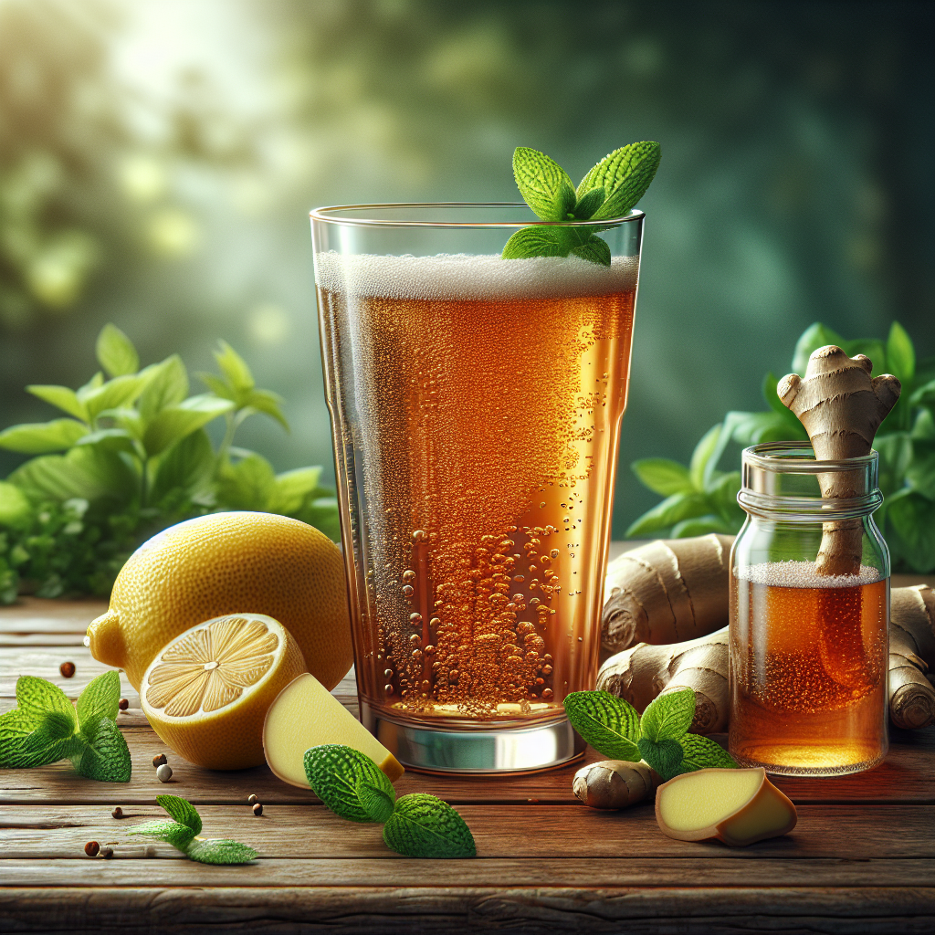 A glass of kombucha tea with fresh ingredients like lemon, ginger, and mint on a wooden table.