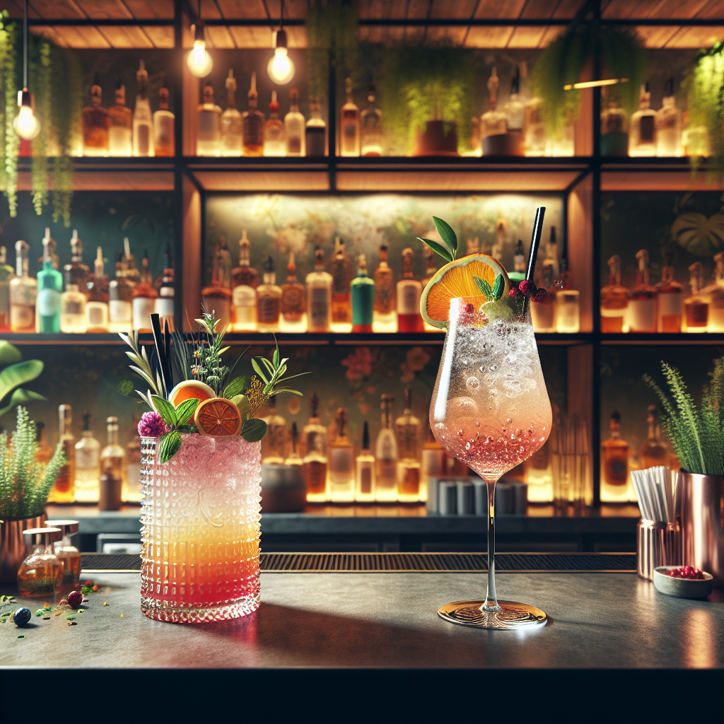 A bar setup with craft cocktails and non-alcoholic drinks showcasing creativity.