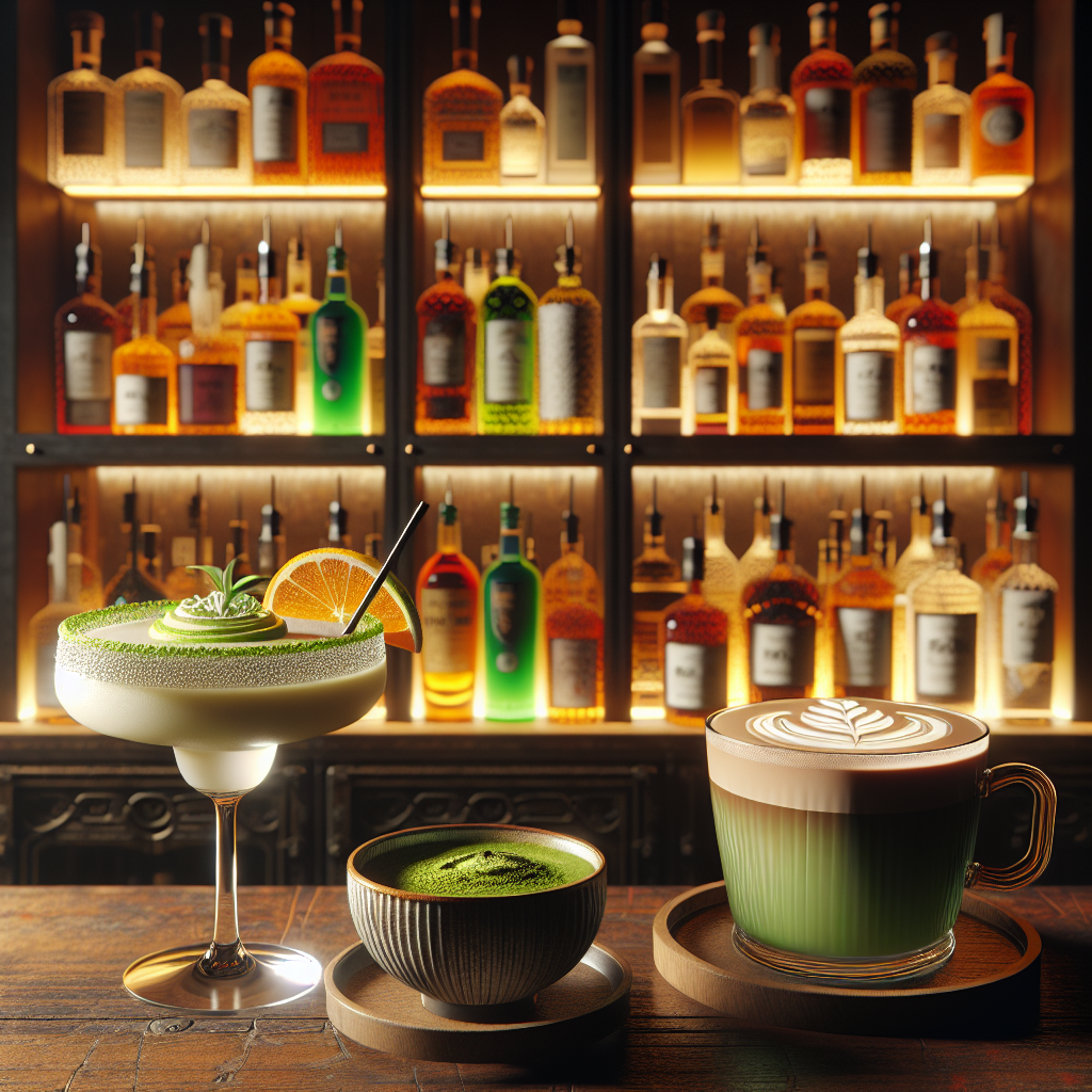 An elegant bar scene with a margarita, matcha tea, and artisanal coffee.