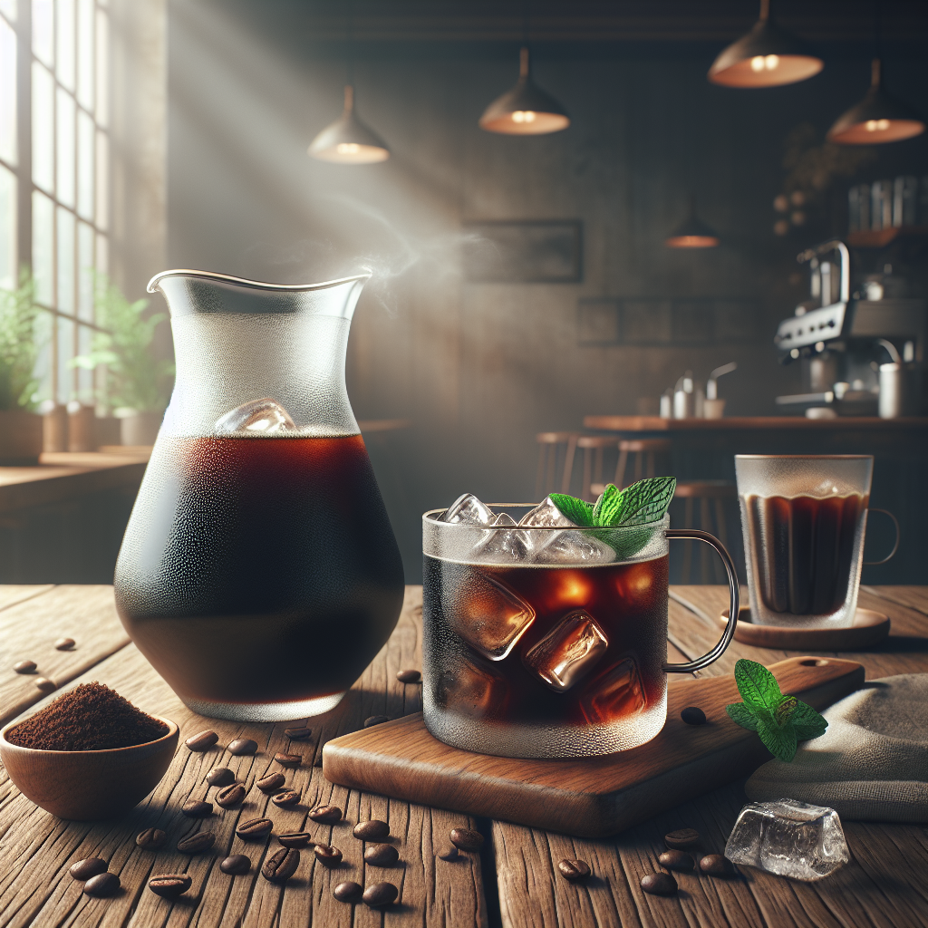 A cold brew coffee setup with a glass pitcher and cup on a wooden table.