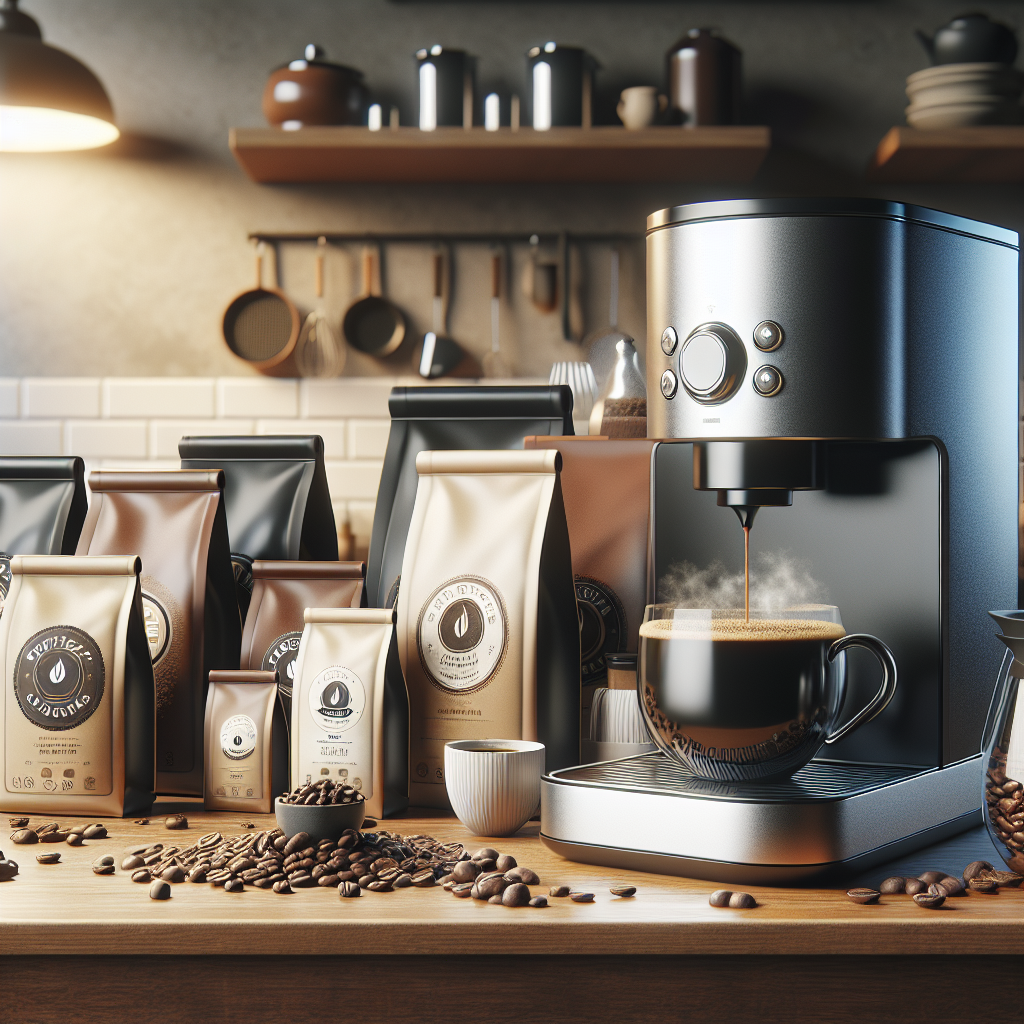An assortment of coffee products and a modern coffee maker in a cozy kitchen.
