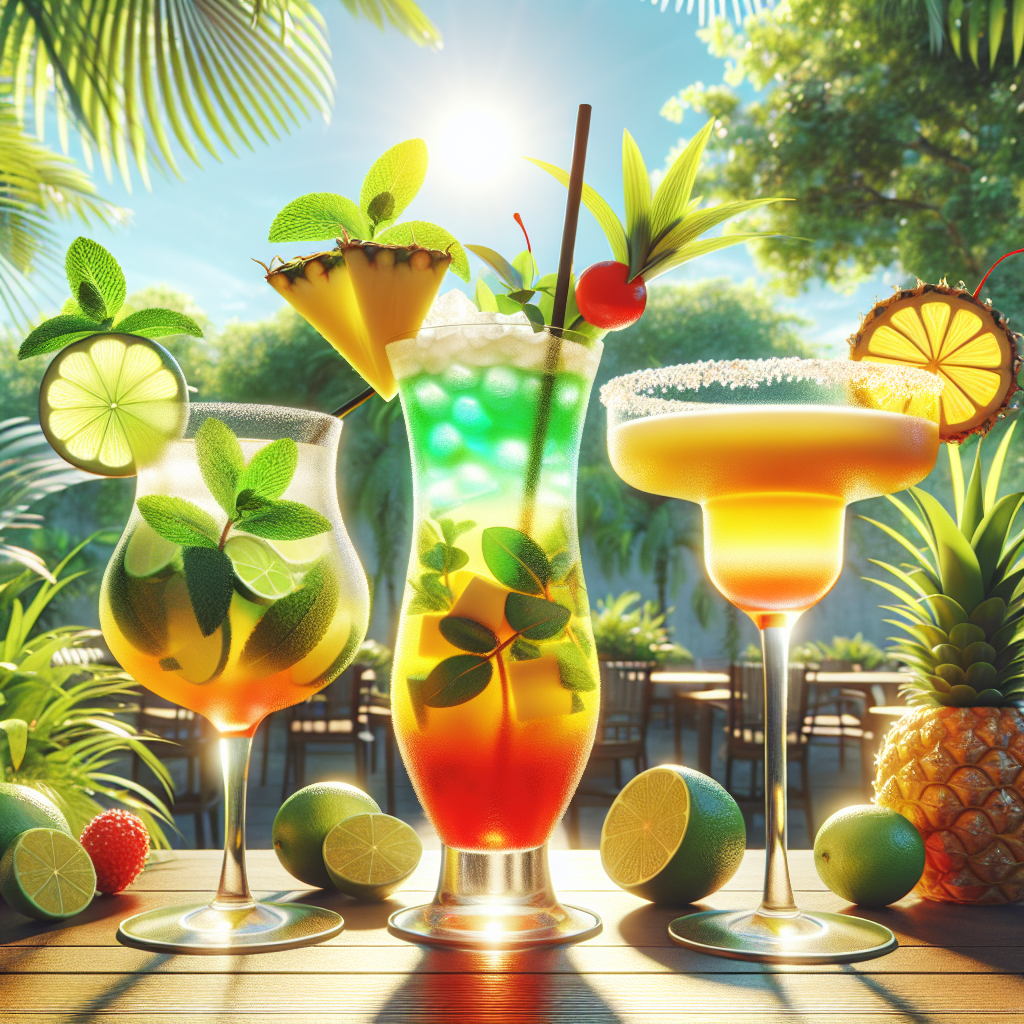 A vibrant summer cocktail scene featuring a mojito, a tropical drink, and a margarita in a sunny outdoor setting.