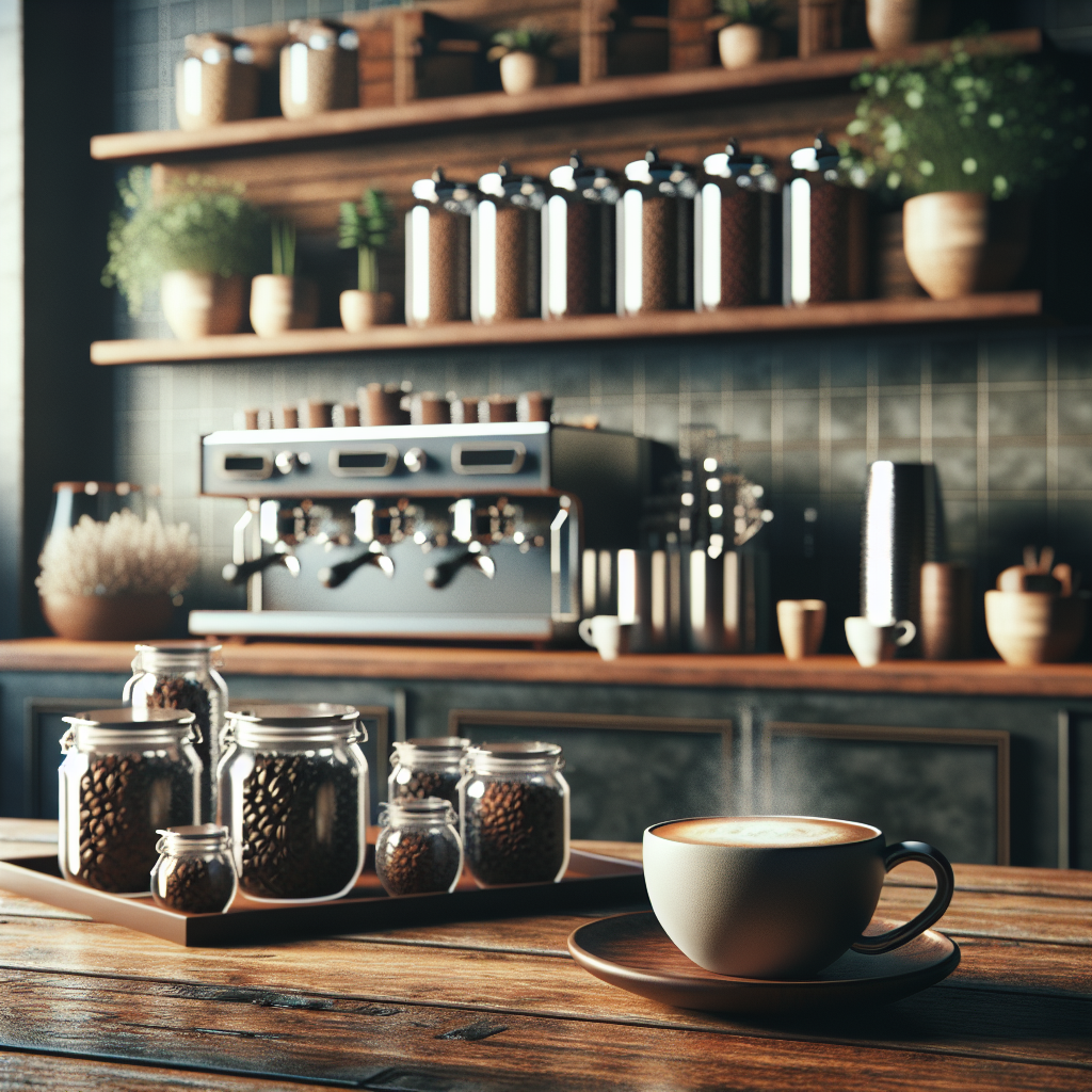 A cozy coffee shop scene with a steaming cup of coffee on a wooden table and coffee beans in glass jars.