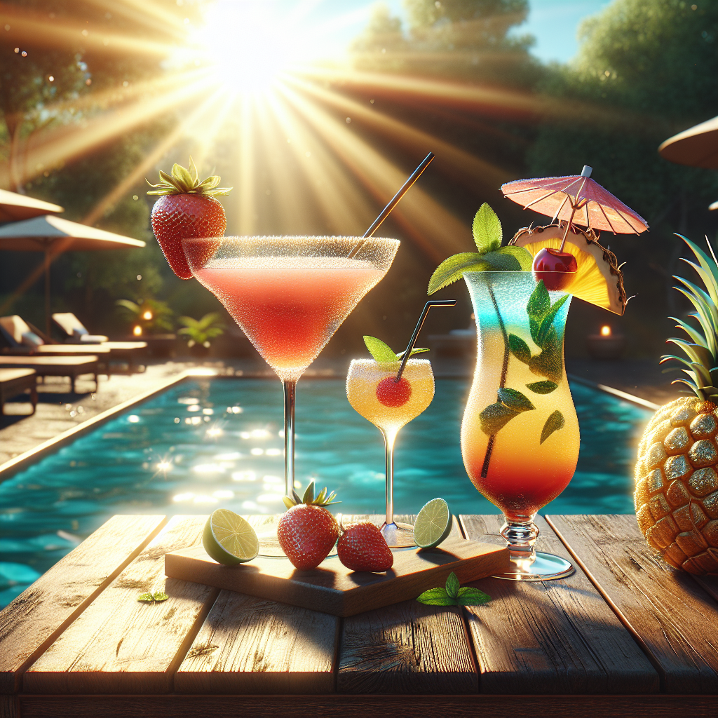 An assortment of refreshing summer cocktails by a poolside table.