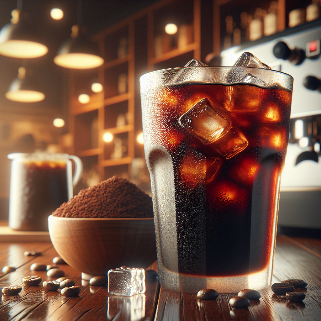 A glass of cold brew coffee on a wooden table with coffee beans.