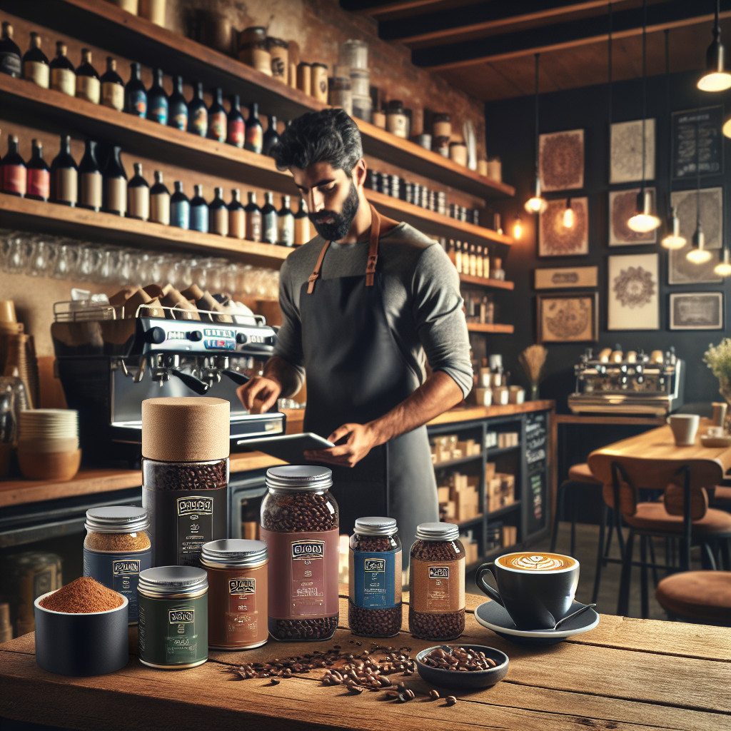A cozy coffee shop setting with various coffee brands on display.