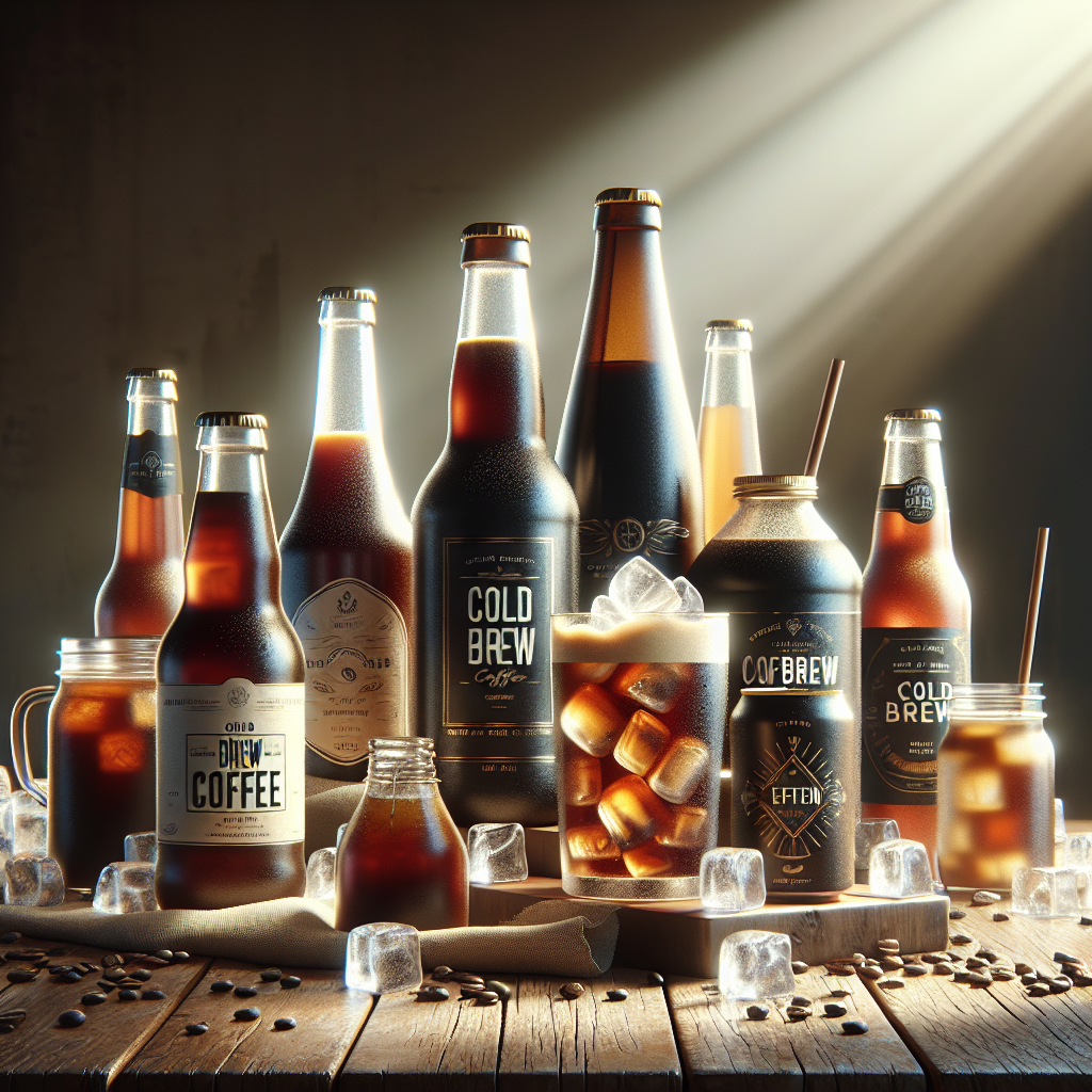 A variety of cold brew coffee bottles and cans on a rustic wooden table with ice and natural sunlight.