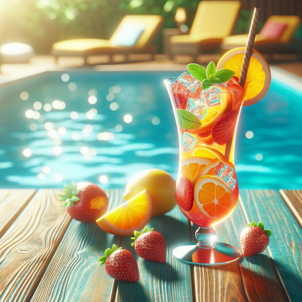 A tall glass of colorful summer cocktail with fruit slices and mint, beside a bright blue swimming pool.