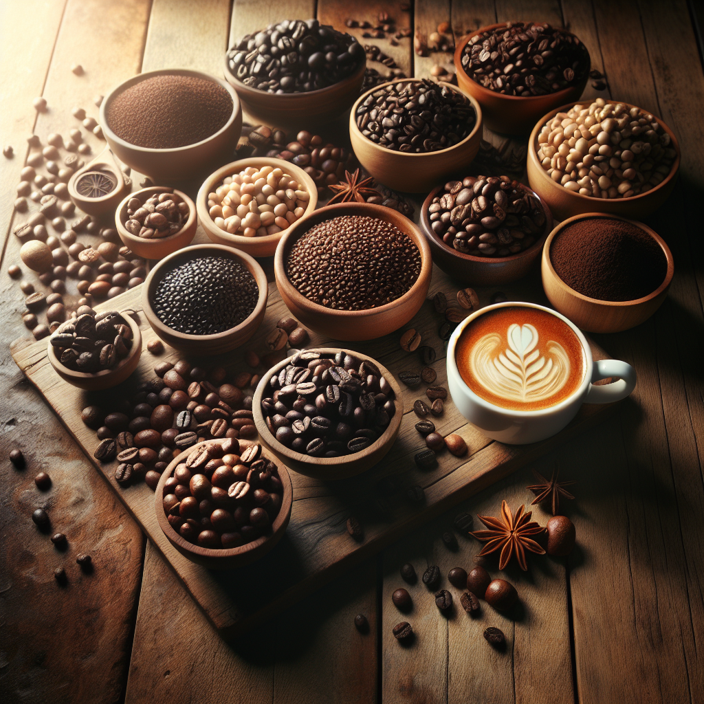 A variety of coffee beans and a steaming cup of coffee on a rustic wooden table.