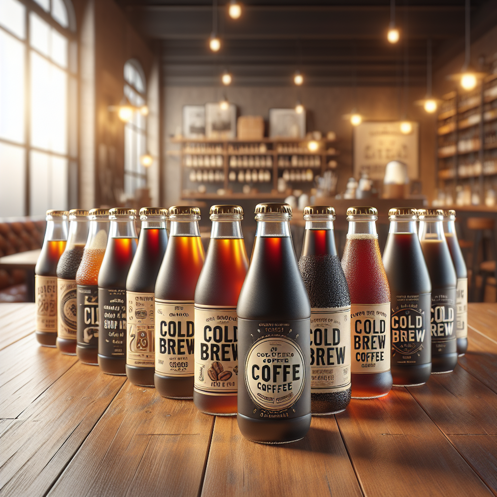 Assorted cold brew coffee bottles on a wooden table in a cozy café setting.