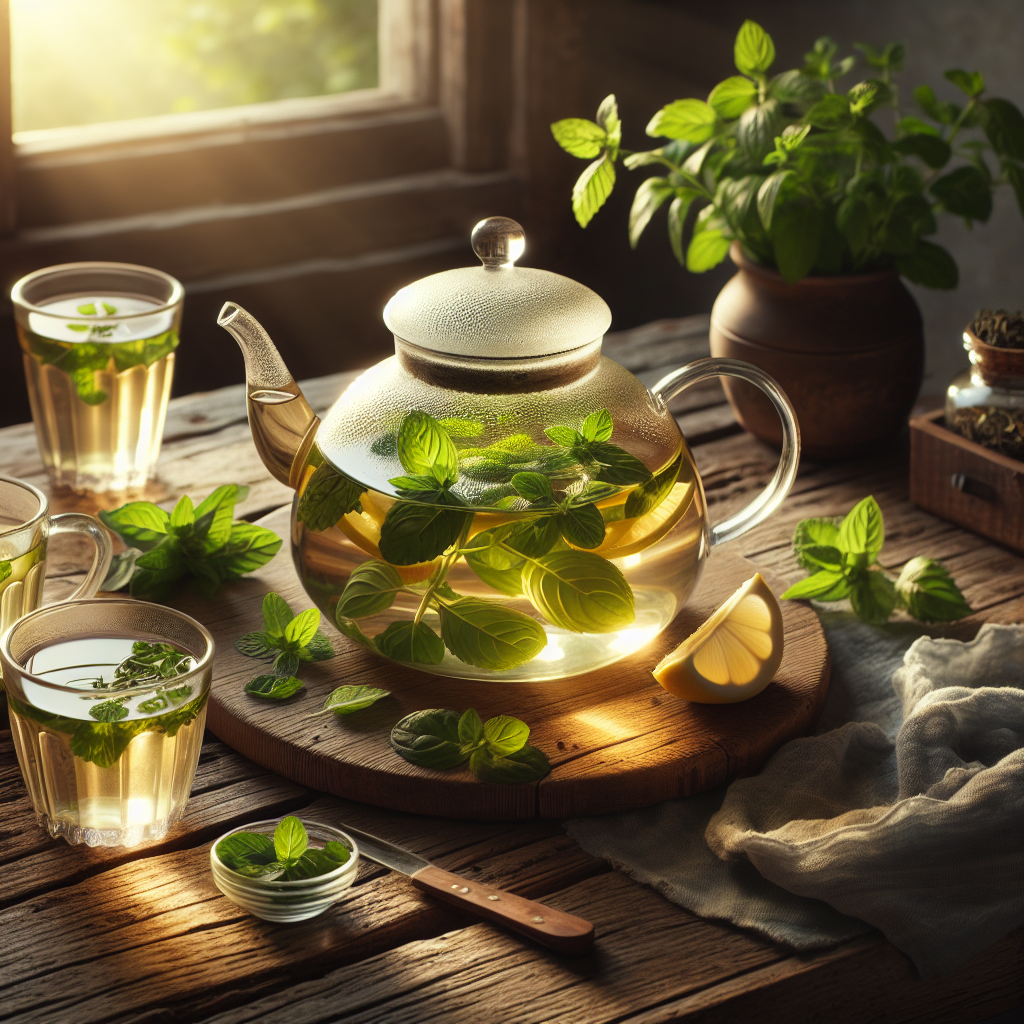 A soothing beverage setup with a glass teapot and cups of herbal tea on a rustic table.