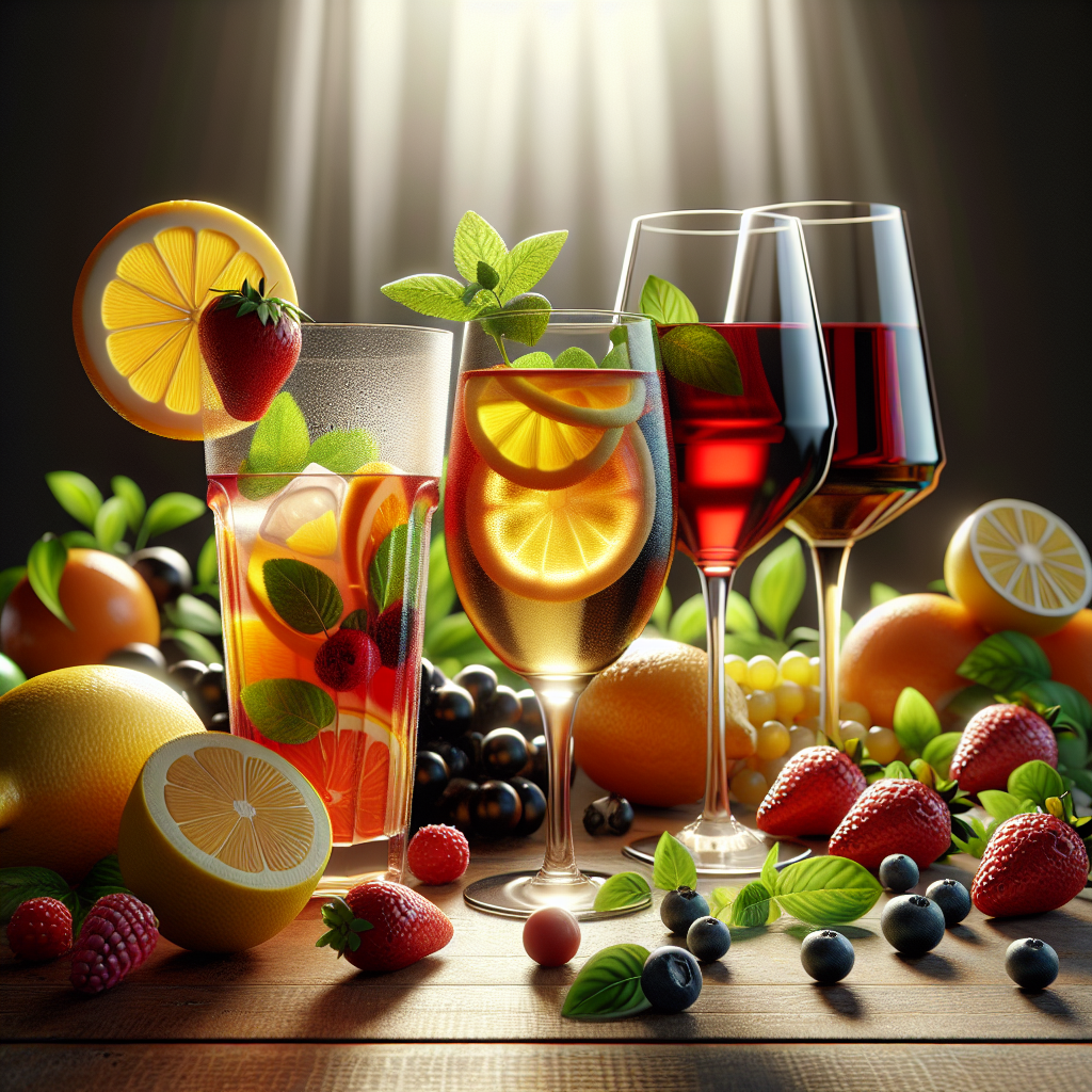 A selection of various beverages including juice, iced tea, and wine, surrounded by colorful fruits.