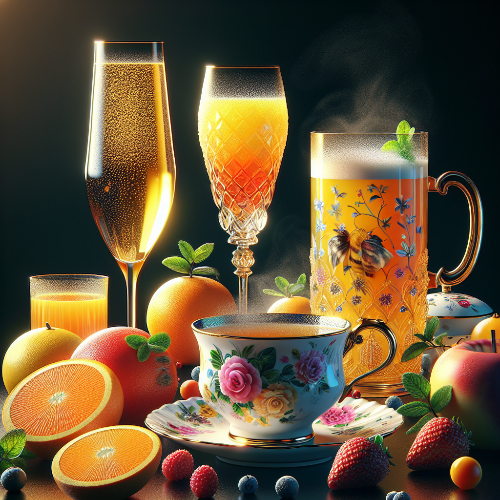 An elegant table display showcasing various beverages including sparkling wine, tropical juice, and herbal tea, with colorful fruits around.