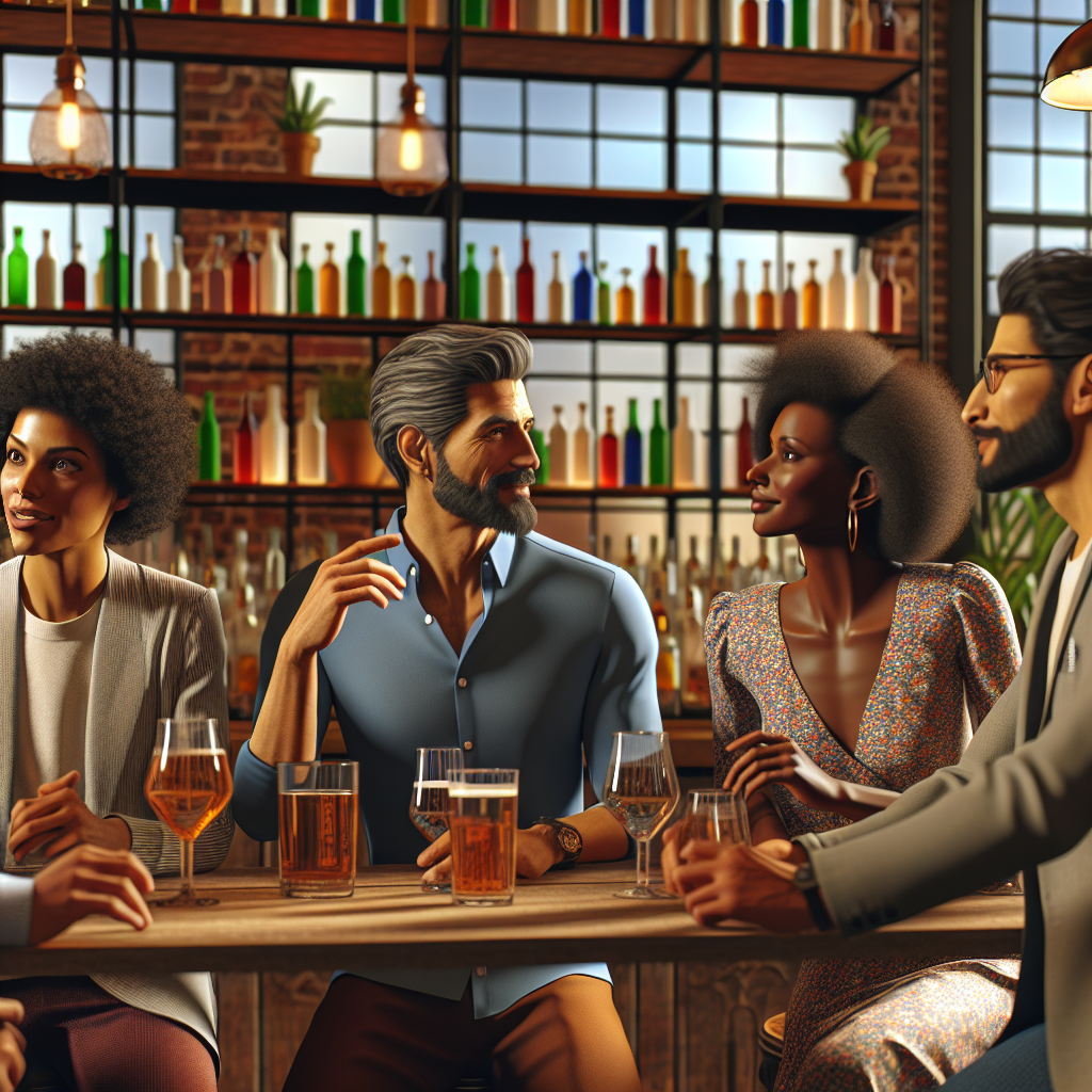 A group of four diverse individuals discussing beverages in a colorful café.
