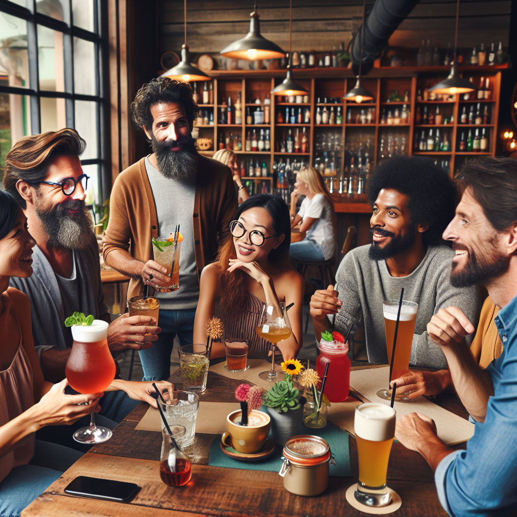 A diverse group of people discussing beverages in a cozy cafe setting.