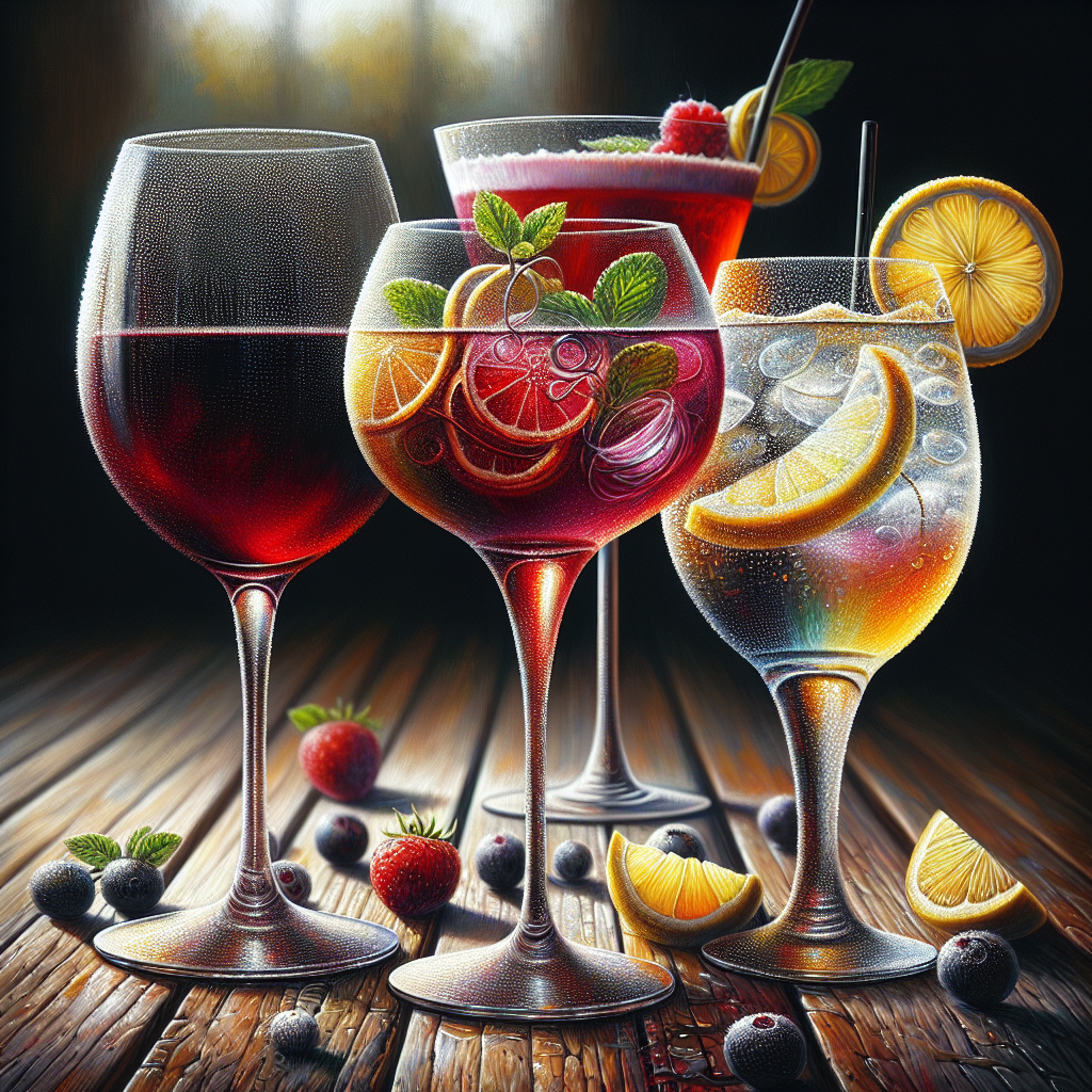A selection of drinks including red wine, a colorful cocktail, and lemonade on a wooden table.
