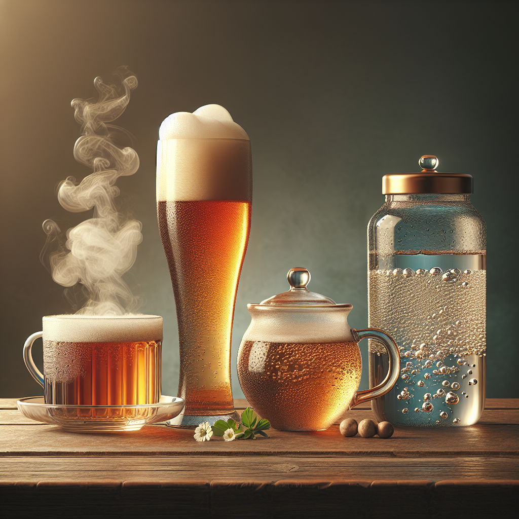 A wooden table with a tall glass of beer, a porcelain cup of tea, and a bottle of sparkling water.