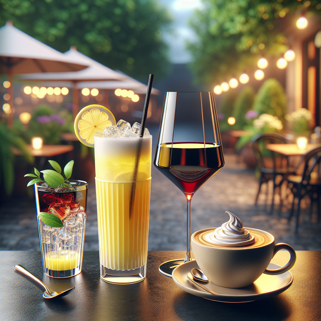 A variety of beverages including lemonade, wine, and coffee arranged in a café setting.