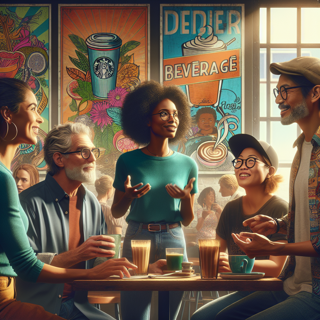 A diverse group of people discussing beverages in a café setting.