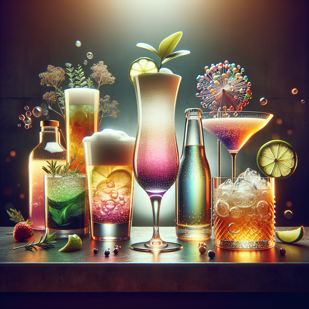 An assortment of innovative beverages on a bar counter including craft soda, functional drinks, and non-alcoholic cocktails.