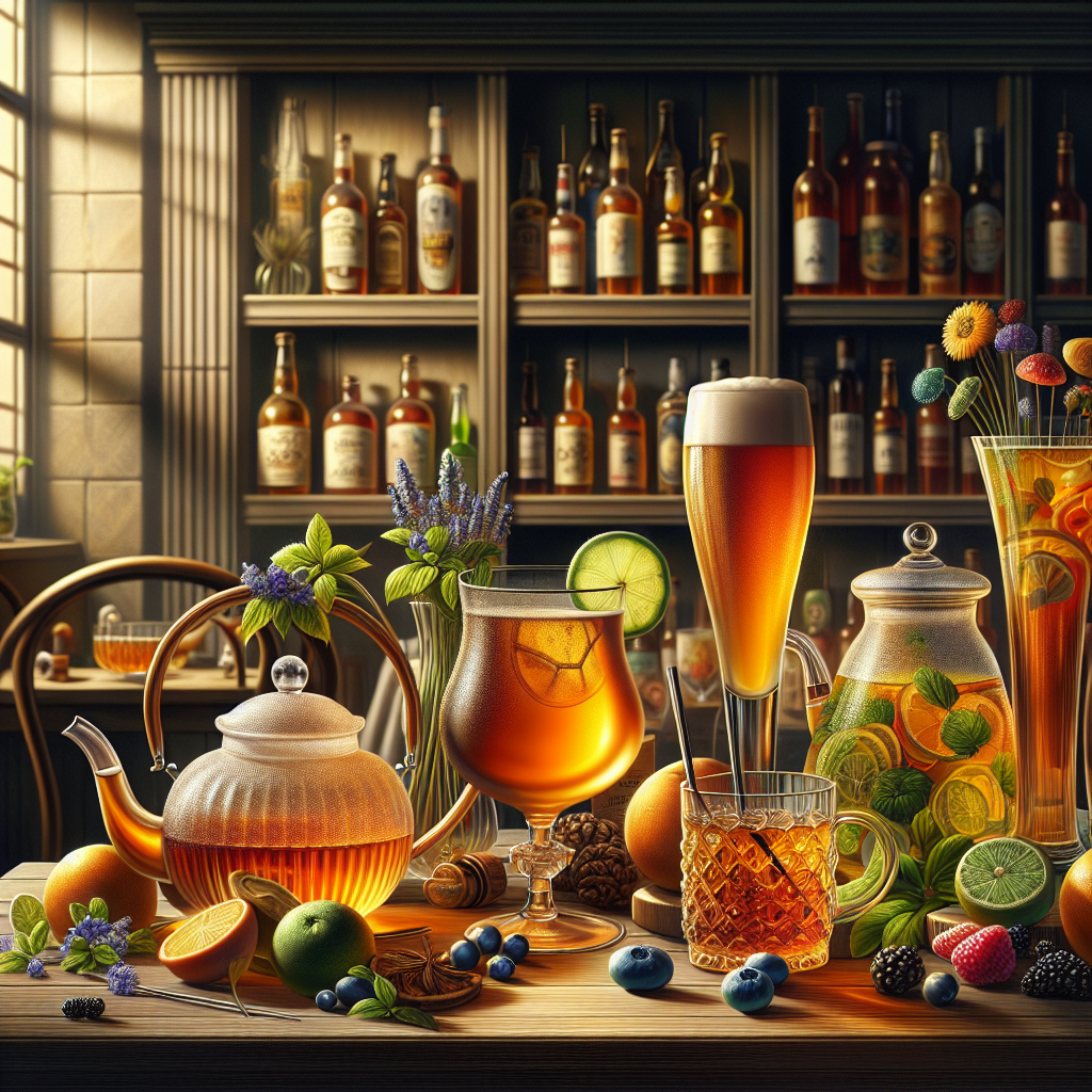 A cozy beverage tasting scene with craft beer, tea, and cocktails on a wooden table.