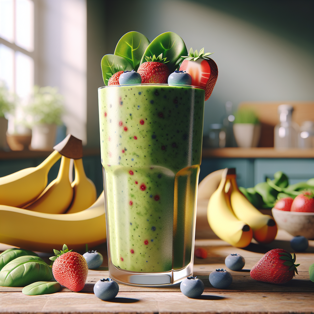 A fresh smoothie made of spinach, banana, and mixed berries in a tall glass on a wooden table.