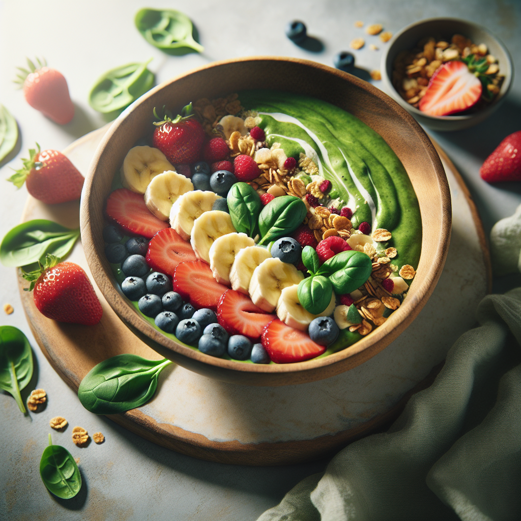 A vibrant smoothie bowl topped with fresh fruits and greens.