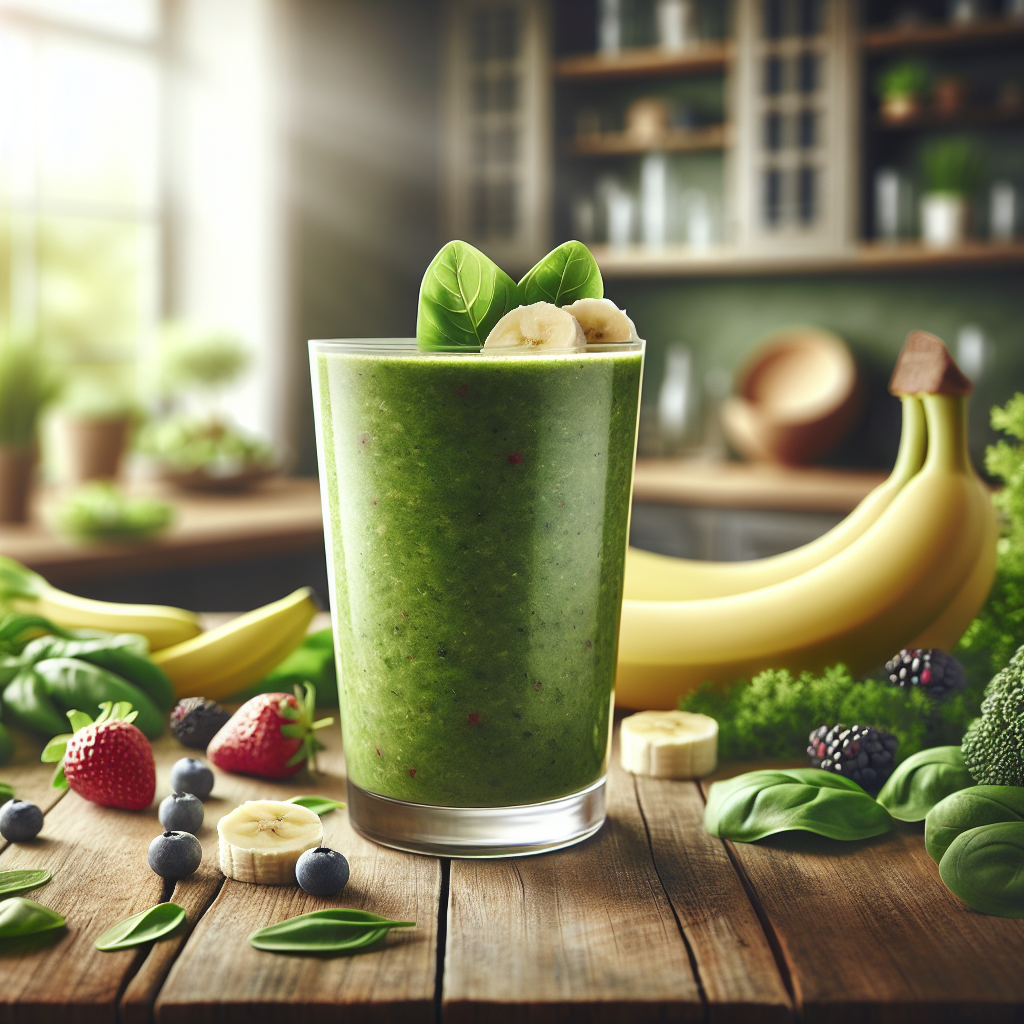A vibrant healthy smoothie in a clear glass with fruits and greens arranged around it.