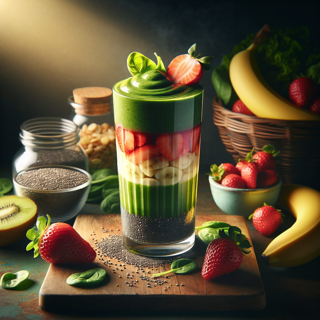 A vibrant smoothie with fresh fruits and spinach on a rustic kitchen countertop.