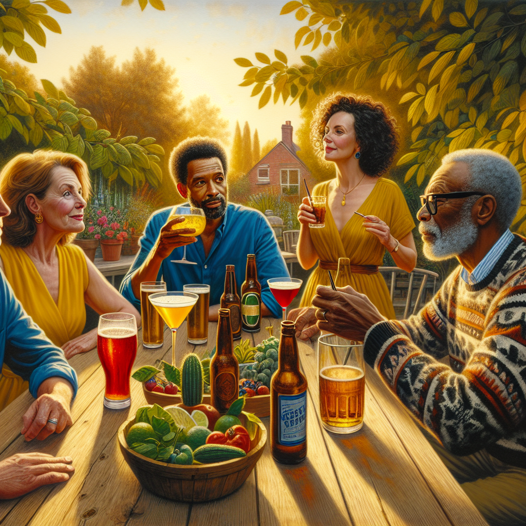 A vibrant beverage community gathering with diverse people enjoying drinks outdoors.